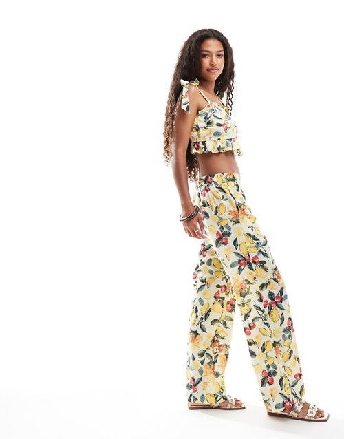 High waisted wide leg trouser co-ord in summer fruit print-Yellow