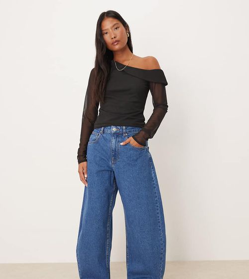 ASOS DESIGN Petite high waisted barrel leg jeans in mid blue