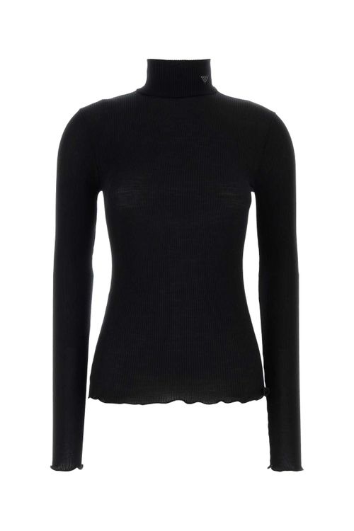Wool-Silk Blend Turtleneck Sweater — Black