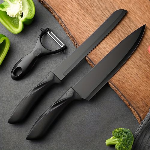 TEMU 3pcs/20 - Pieces Kitchen Knife Set With Block, Dishwasher-safe, Featuring Built-in Sharpener, German Stainless Steel Black Knife Set - A Gadget