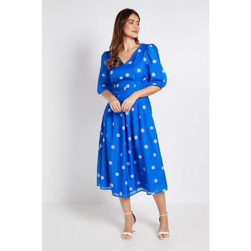 Wallis Polka Dot Lace Trim Puff Sleeve Midi Dress In Cobalt