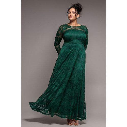 Goddiva Plus Scalloped Lace A-Line Maxi Dress - Emerald Green