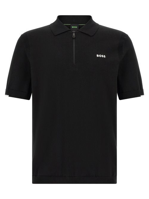 Half-Zip Cotton Knit Polo Shirt — Black