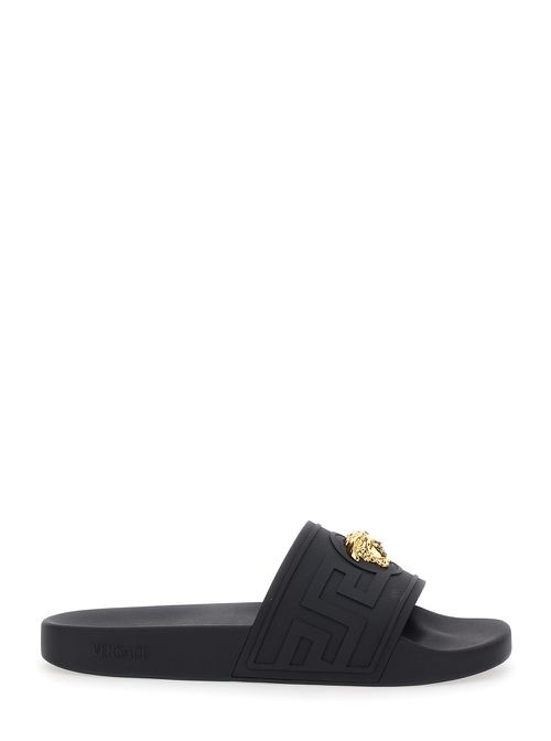 Black Sandals With Medusa Plaque On The Front In Tech Fabric Man