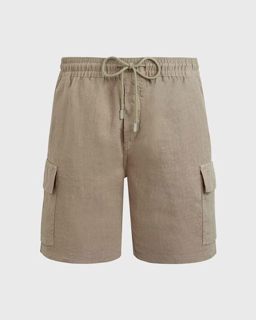 Men Linen Bermuda Shorts Cargo Pockets - Ber - Baie - Beige