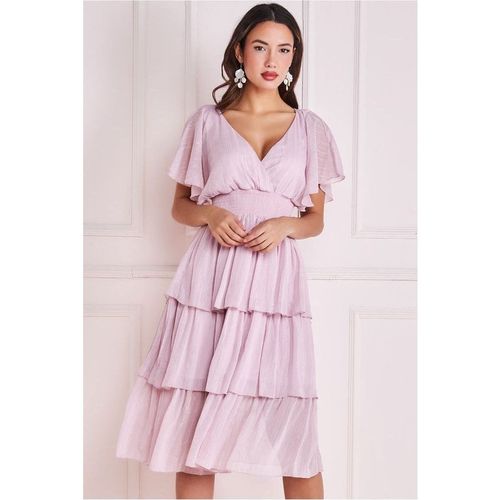 Goddiva Plain Lurex Chiffon Tiered Dress - Pink