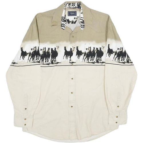 ROPER Mens Beige & Cream Horse Print Western Shirt L Cotton Button Long Sleeve