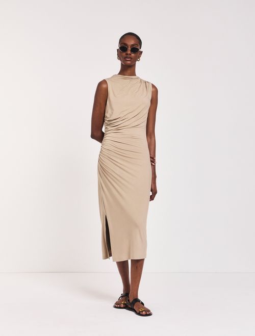 Lana Draped Midi Dress in Taupe - MicroModal