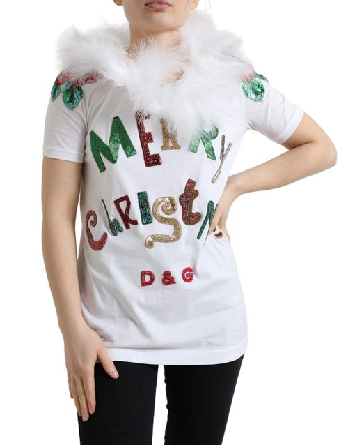 Christmas Sequin and Fur-Trimmed T-Shirt — White