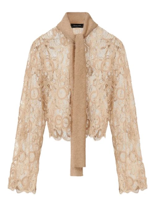 Macramé-Lace Tie-Neck Shirt — beige