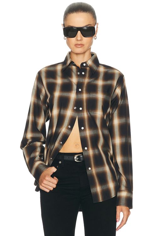 Eterne Ford Yarndye Plaid Button Up Top in Mushroom & Black - Brown. S also in