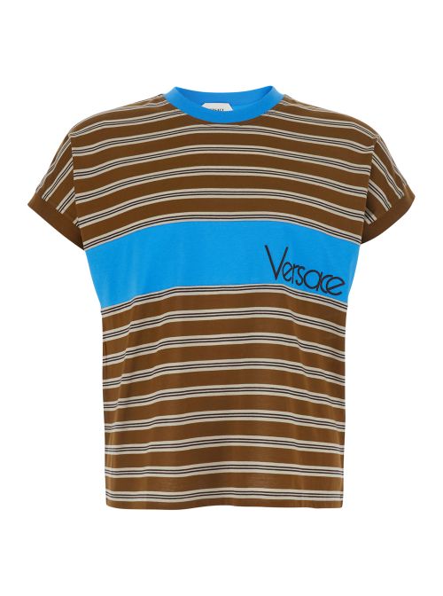 Brown T-Shirt With Striped Motif And Logo Lettering On The Front Cotton Men Tshirts Polo Shirts - Men