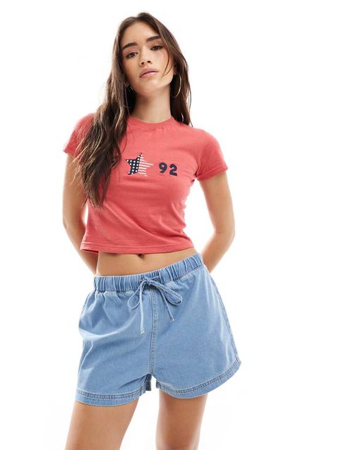 Jogger style denim pull on short in bleach-Blue