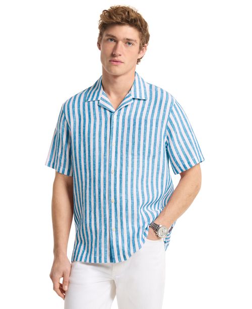 Men's Striped Camp-Collar Shirt - Turquiose