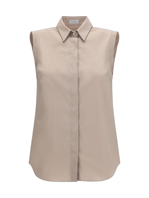 Monile-Embellished Sleeveless Shirt — Beige