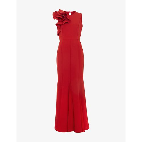 Womens Tyra Ruffle-Neck Sleeveless Stretch-Woven Maxi Dress