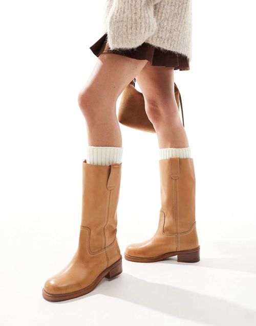 ASOS DESIGN Cindy leather pull on boot in camel-Brown