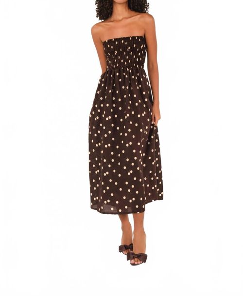 Drift Strapless Midi Dress In Brown Polka Dot Linen