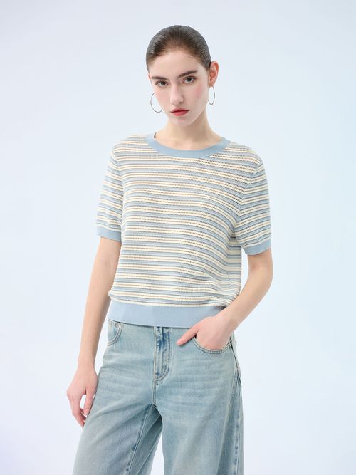 [Preview] Lyocell Blend Blue And White Stripe Women Knit Top