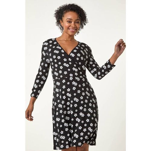 Roman Women's Petite Floral Stretch Wrap Dress in Black