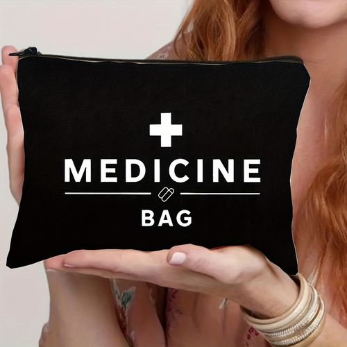 TEMU Medicine Bag - Black Zippered Travel Organizer Pouch With Design, Foldable & Lightweight For Cosmetics, Toiletries, Pills - Gift For Teacher