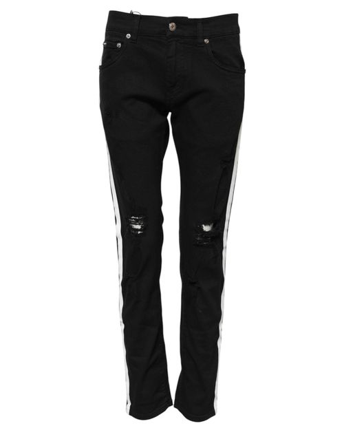 Tattered White Side-Strip Jeans — Black