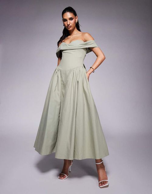 Lavish Alice | Lavish Alice off shoulder lace up cotton sun dress in sage- Green | Realry