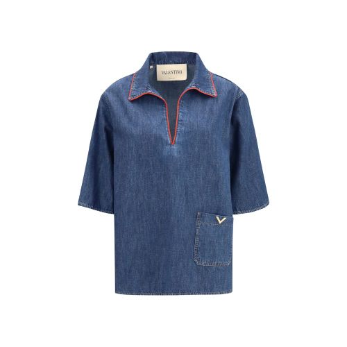 Red-Trimmed Denim Shirt — Blue