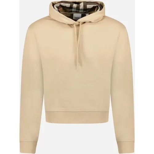 Women's Burberry 'Talley' Embroidery Logo Check Hooded Sweatshirt Beige - Crea