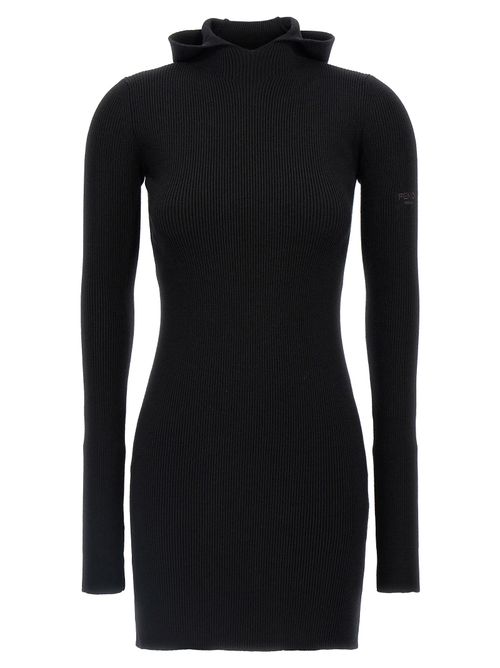 Ribbed Wool-Silk Hooded Sweater Dress — Black
