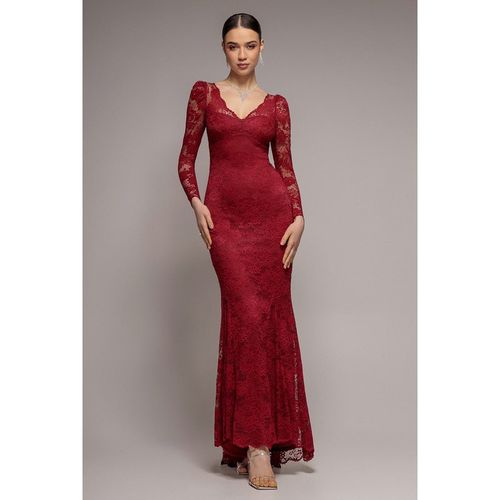 Goddiva Fit & Flare Scallop Lace V Neck Maxi Dress - Burgundy