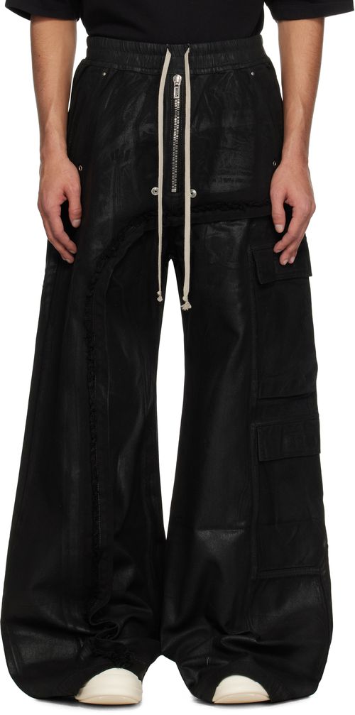 Rick Owens DRKSHDW Black Hollywood Imbalanced Double Cargo Jumbo Belas Denim Cargo Pants