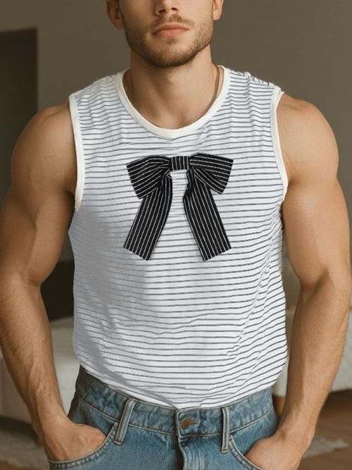 Mens Bow Detail Patchwork Striped Casual Tank SKUL20616 - Gray / S