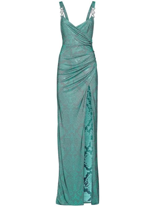 Snake-print rhinestone-embellished maxi dress - Green