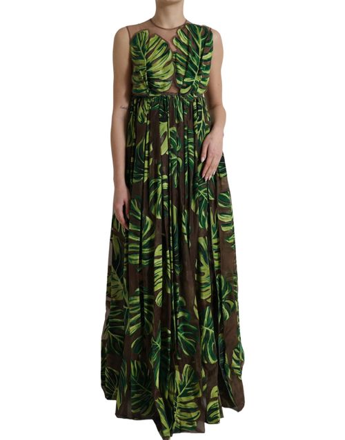 Banana Leaf Print Silk Dress — Green