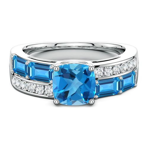 Lee Harris x Angara 3.5 CTW Cushion Swiss Blue Topaz Modern Art Deco Inspired Double Side Stone Shank Ring in Platinum
