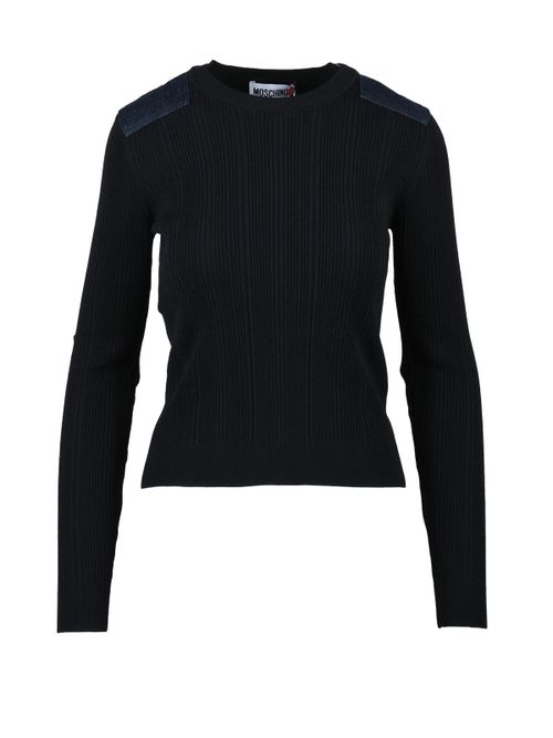 Ribbed Knit Sweater with Denim Patches