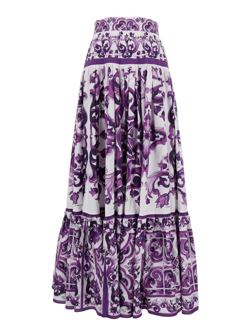 Violet Long Skirt With Ruffle Hem And All-over Floral Motif In Cotton Woman
