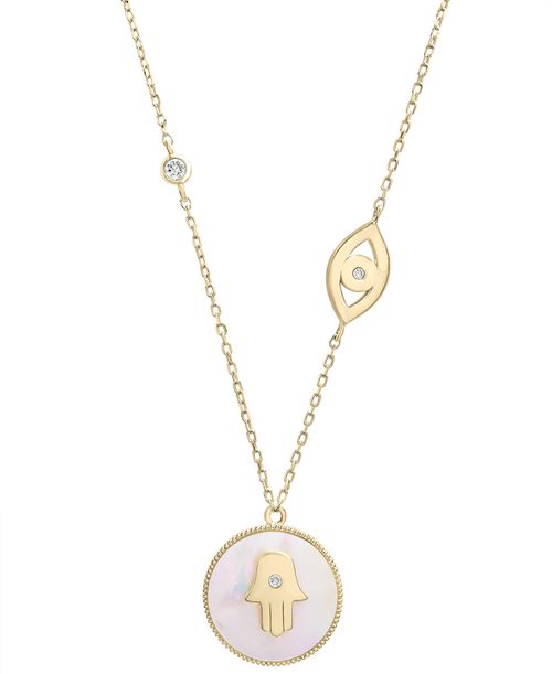 "Mother-of-Pearl (10mm) & Cubic Zirconia Hamsa Hand & Evil Eye Pendant Necklace in 14k Gold-Plated Sterling Silver, 16"" + 2"" extender - Gold Over Silve"