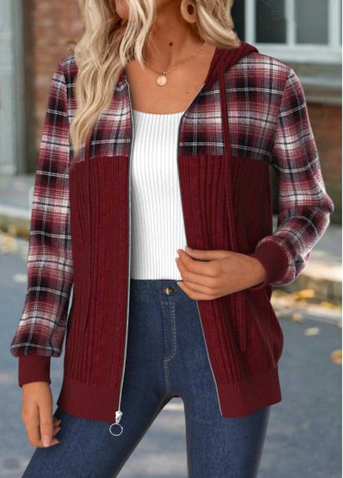Modlily Wine Red Tummy Coverage Plaid Hoodie and Coat