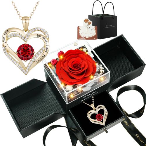Preserved Red Rose With Led Lights And 14k Gold Plated Double Heart Ruby Necklace