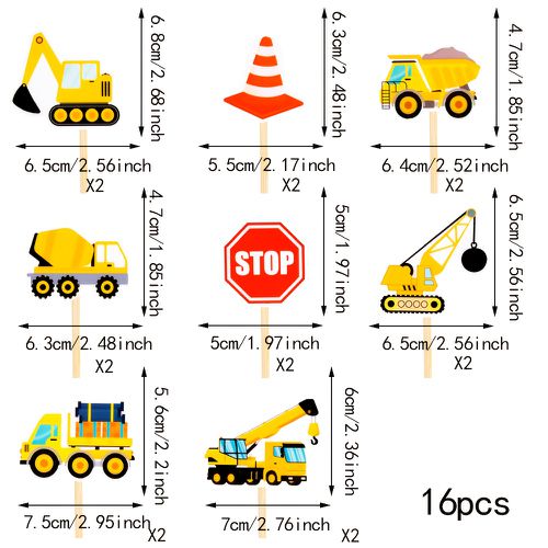 TEMU 16-pack Construction Cupcake Toppers With Excavator, Bulldozer, And Tractor Party Decorations For Boys' And Girls' Birthday Themes For