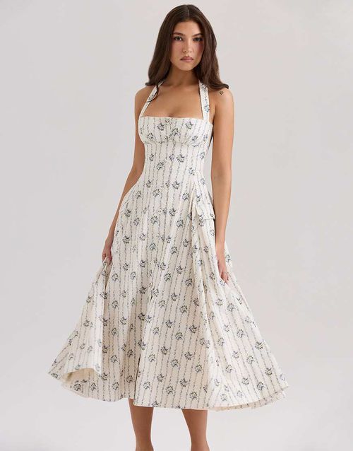 House of CB Claudia stretch cotton halter neck midi dress in cream daisy print-Neutral