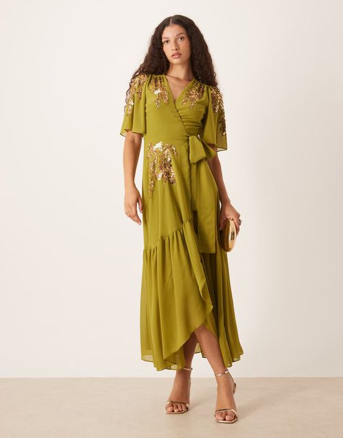 Embellished wrap front maxi dress in olive-Green