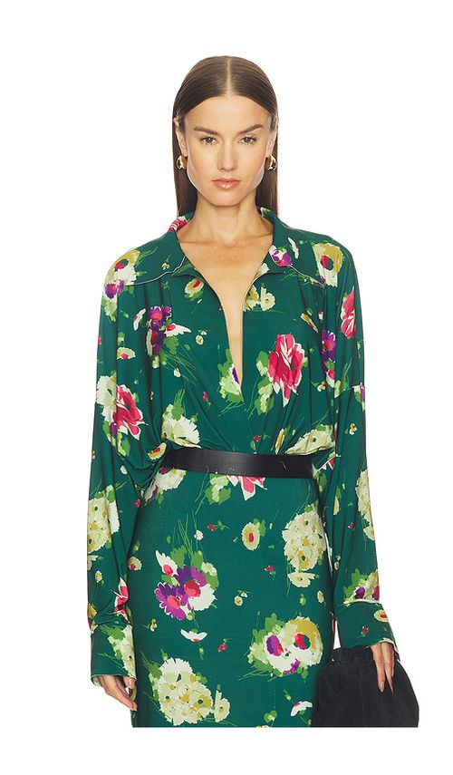 Norma Kamali Super Oversized Boyfriend Shirt Bodysuit in Green. S. Also in
