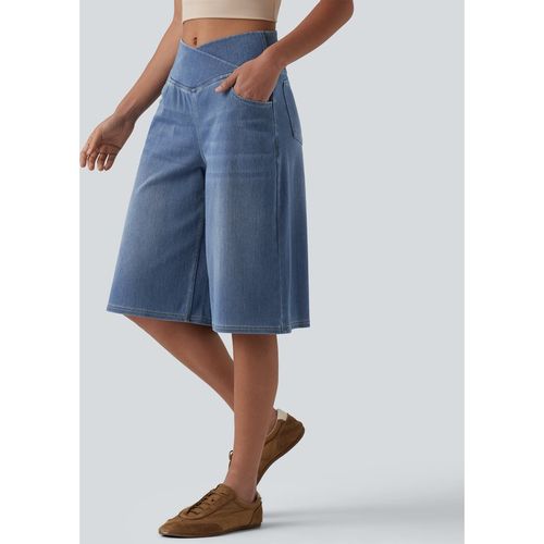 Halara Halara Flex™ Crossover High Waisted Tummy Control Denim Casual Baggy Bermuda Shorts with Pockets - Blue Jasper Denim - XLregular