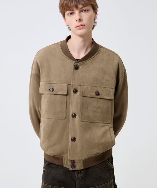 Two Pocket Button Suede Bomber Jacket_Beige