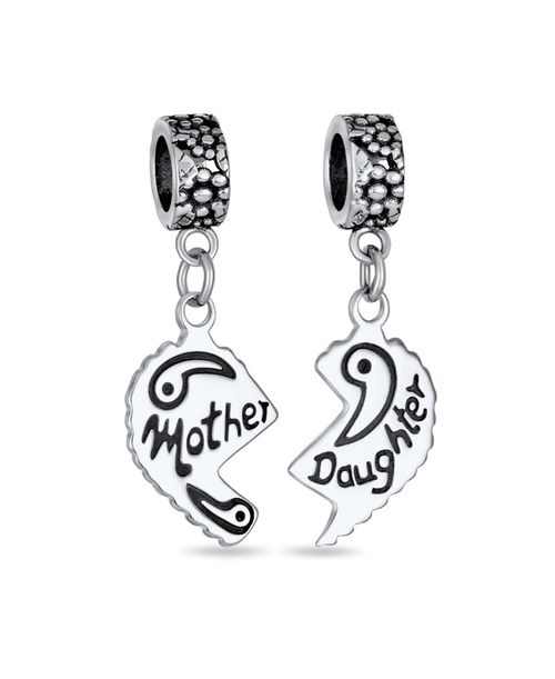 Mother Daughter Puzzle 2 Piece Split Heart Sisters Bead Charm Mom Sterling Silver Fit European Bracelet - Silver