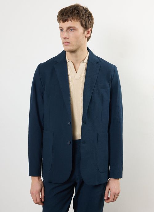 Tailored Seersucker Blazer Navy