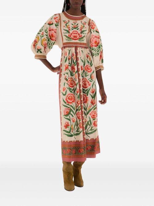 Floral-embroidered puff-sleeve midi dress - Neutrals